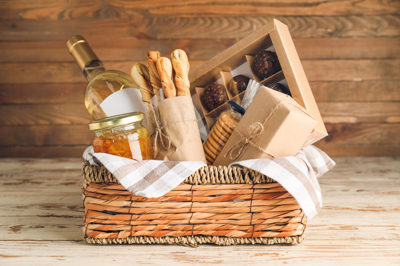 Food items in a gift basket for food lover op london